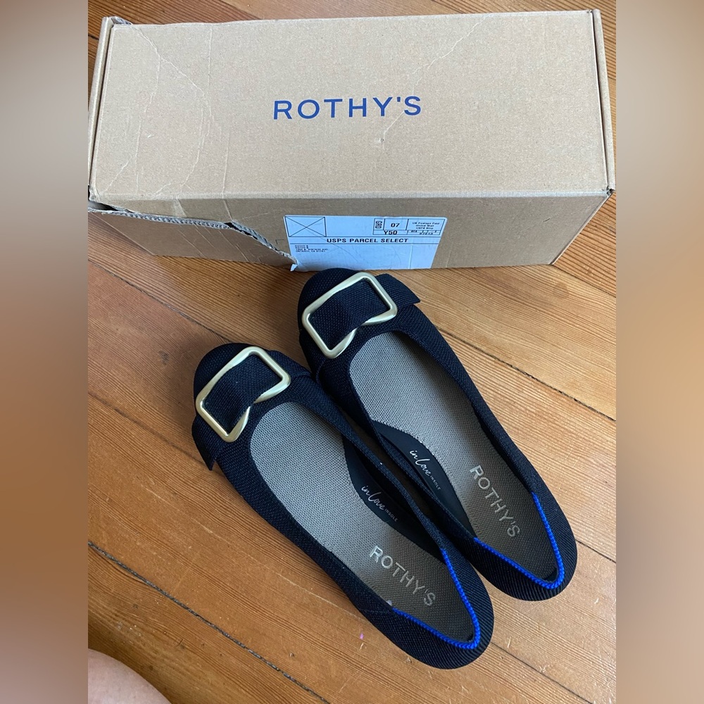 Rothy's Black Flats with Gold Buckle